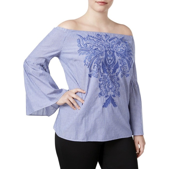 INC Sweet Meadow Blue Striped Casual Top - Picture 1 of 2